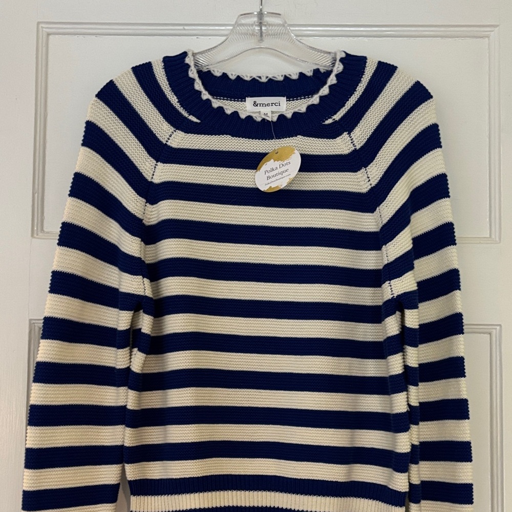 NWT Emily in Paris Vibe French 🇫🇷 blue and Cream Striped Women's Sweater